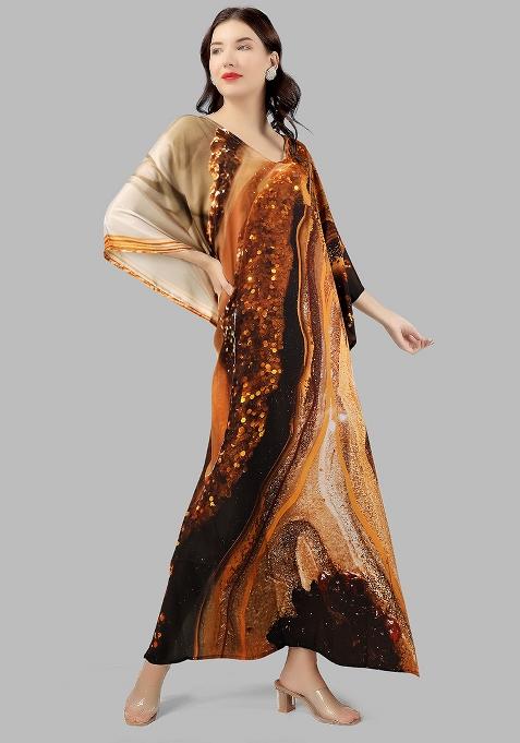 Multicolor Digitally Printed Feather Silk Kaftan