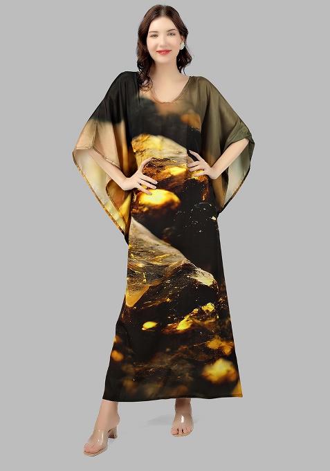 Multicolor Digitally Printed Feather Silk Kaftan