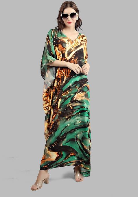 Multicolor Digitally Printed Feather Silk Kaftan