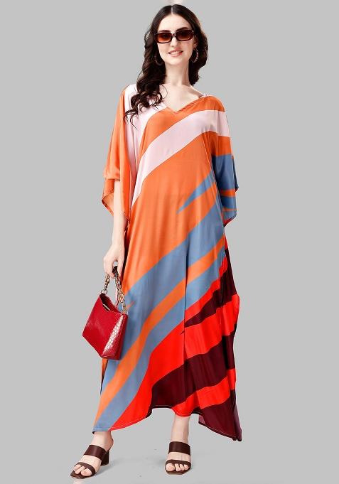 Multicolor Digitally Printed Feather Silk Kaftan