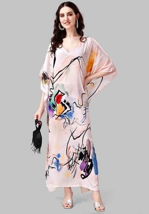 Multicolor Digitally Printed Feather Silk Kaftan