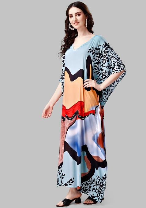 Multicolor Digitally Printed Feather Silk Kaftan