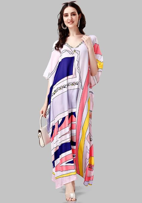 Multicolor Digitally Printed Feather Silk Kaftan