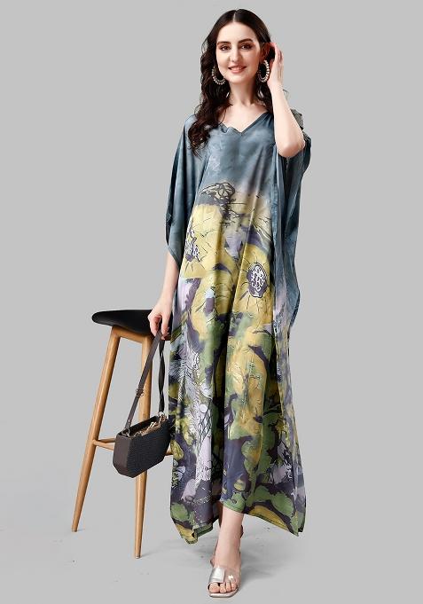 Multicolor Digitally Printed Feather Silk Kaftan