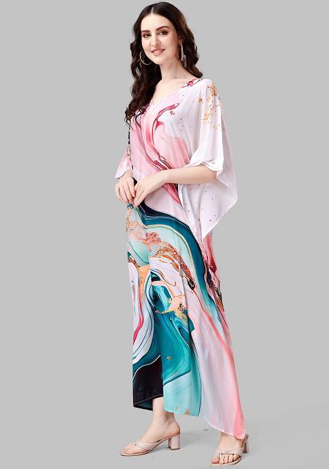 Multicolor Digitally Printed Feather Silk Kaftan