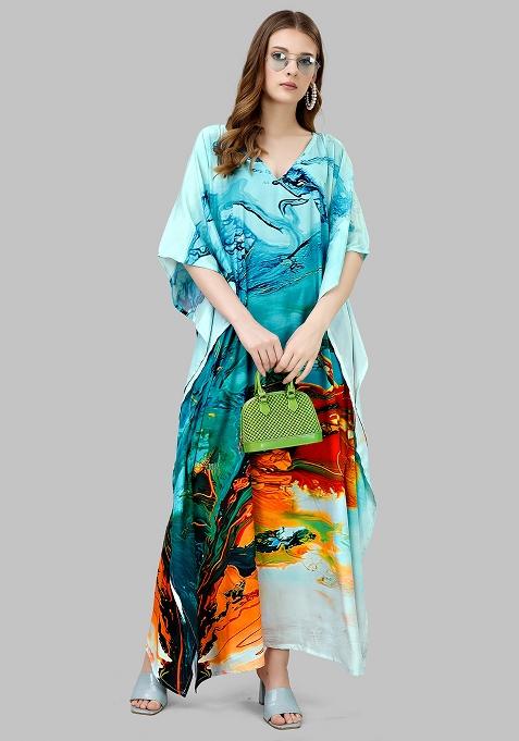 Multicolor Digitally Printed Feather Silk Kaftan