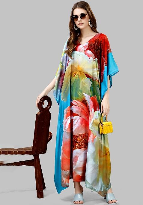 Multicolor Digitally Printed Feather Silk Kaftan
