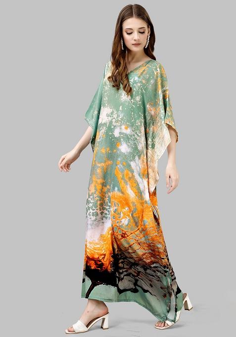 Multicolor Digitally Printed Feather Silk Kaftan
