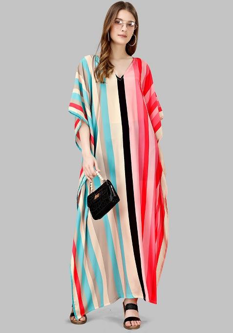 Multicolor Digitally Printed Feather Silk Kaftan