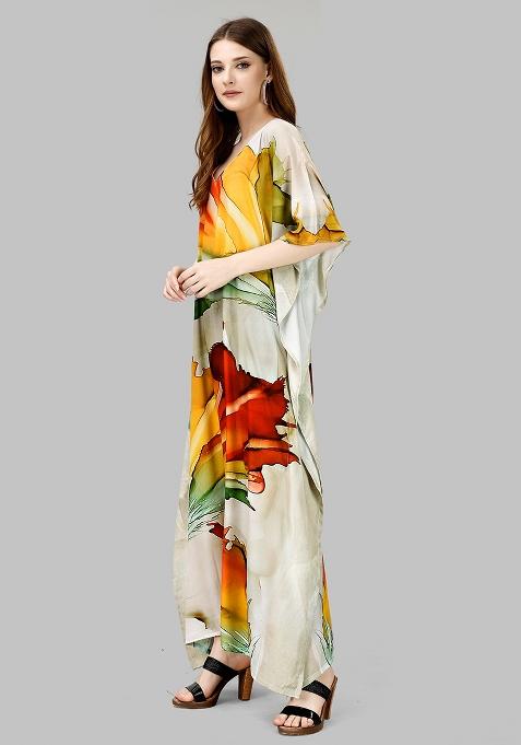 Multicolor Digitally Printed Feather Silk Kaftan