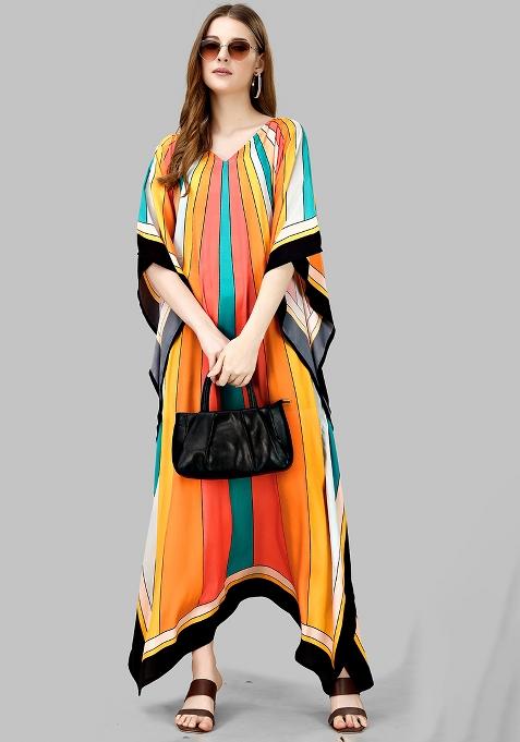 Multicolor Digitally Printed Feather Silk Kaftan