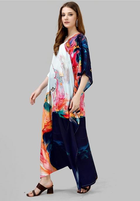 Multicolor Digitally Printed Feather Silk Kaftan