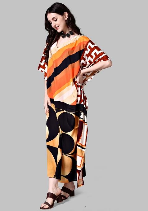 Multicolor Digitally Printed Feather Silk Kaftan