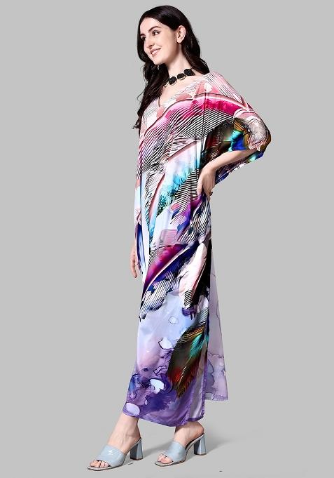 Multicolor Digitally Printed Feather Silk Kaftan