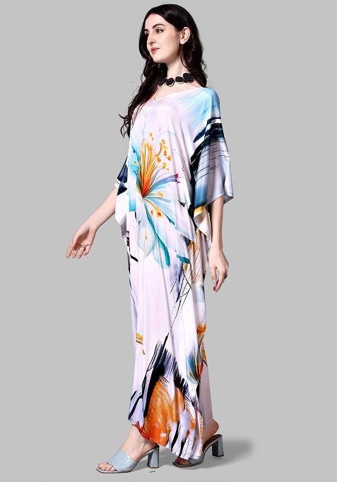 Multicolor Digitally Printed Feather Silk Kaftan