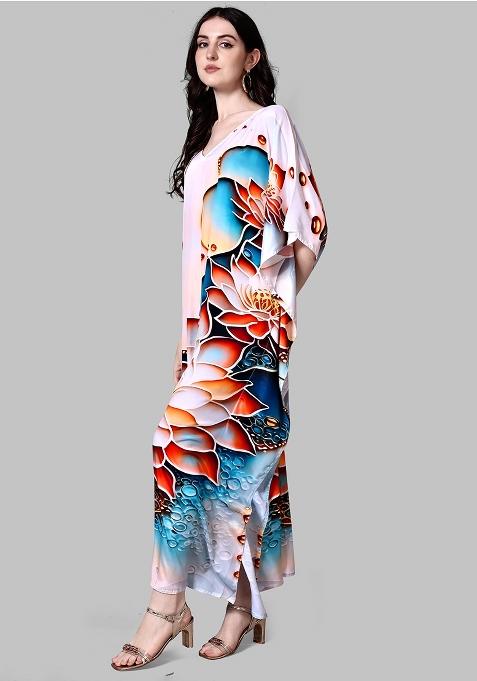 Multicolor Digitally Printed Feather Silk Kaftan