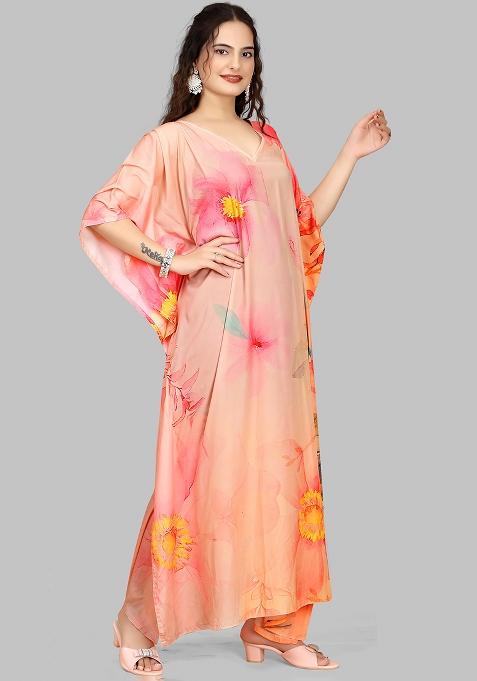 Multicolor Digitally Printed Feather Silk Kaftan