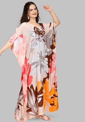 Multicolor Digitally Printed Feather Silk Kaftan