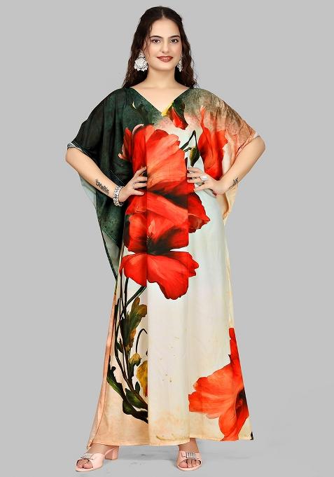 Multicolor Digitally Printed Feather Silk Kaftan