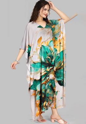 Multicolor Digitally Printed Feather Silk Kaftan