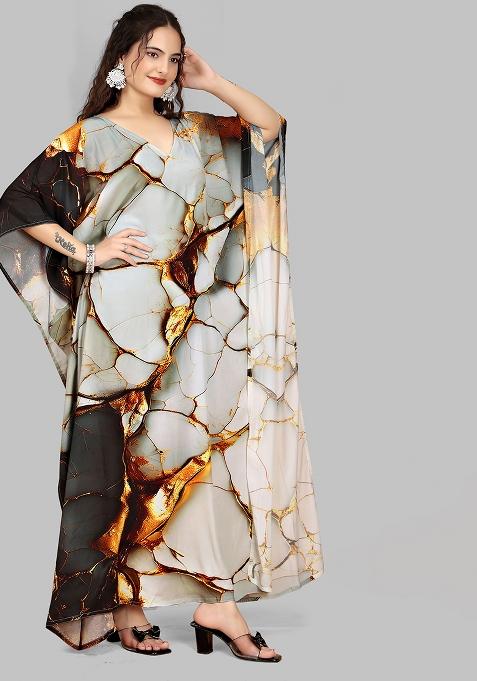 Multicolor Digitally Printed Feather Silk Kaftan