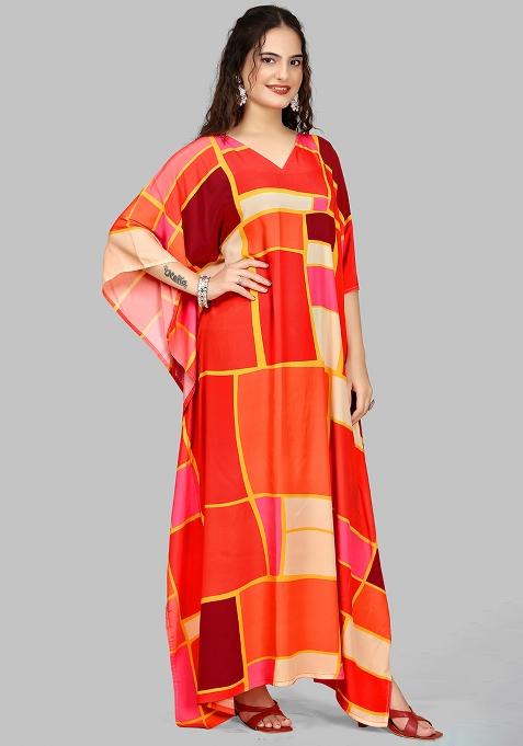 Multicolor Digitally Printed Feather Silk Kaftan