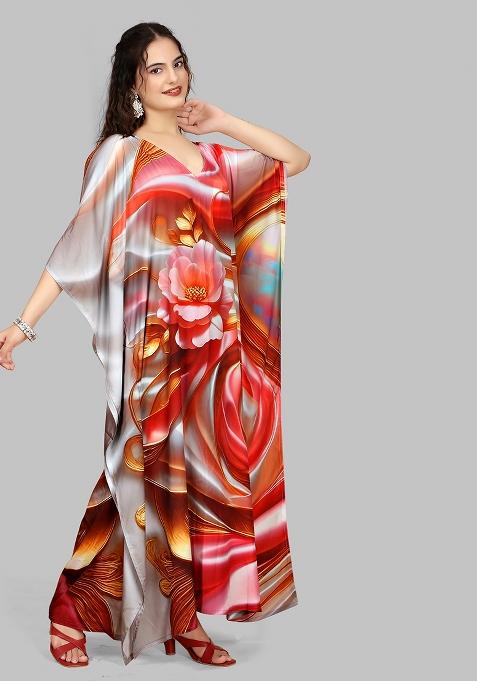 Multicolor Digitally Printed Feather Silk Kaftan