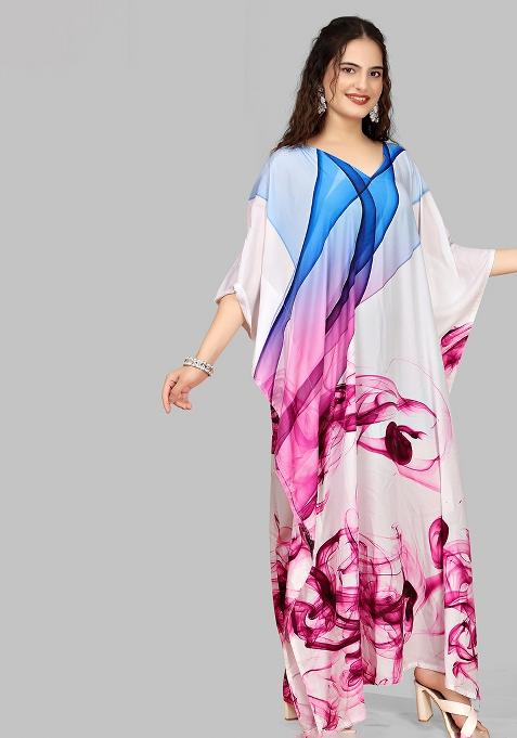 Multicolor Digitally Printed Feather Silk Kaftan