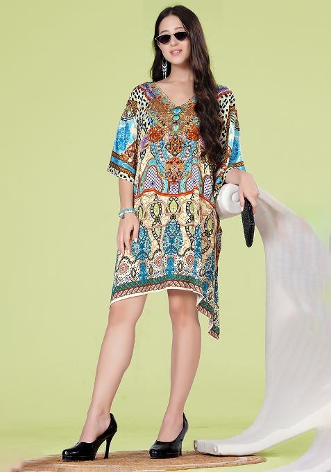 Multicolor Digital Printed Feather Silk Kaftan
