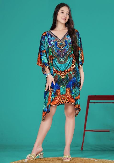 Multicolor Digital Printed Feather Silk Kaftan