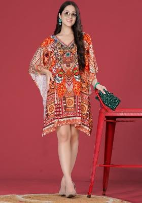 Multicolor Digital Printed Feather Silk Kaftan