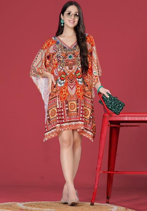 Multicolor Digital Printed Feather Silk Kaftan