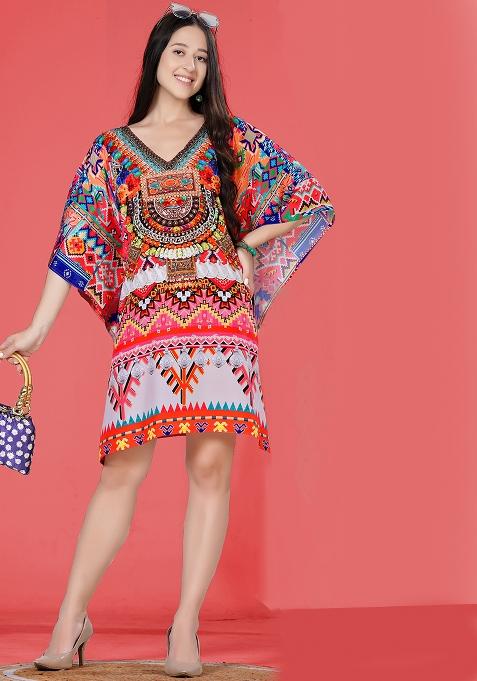 Multicolor Digital Printed Feather Silk Kaftan