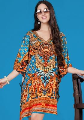 Multicolor Digital Printed Feather Silk Kaftan