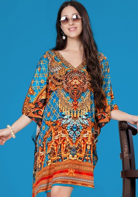 Multicolor Digital Printed Feather Silk Kaftan