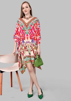 Multicolor Digital Printed Feather Silk Kaftan