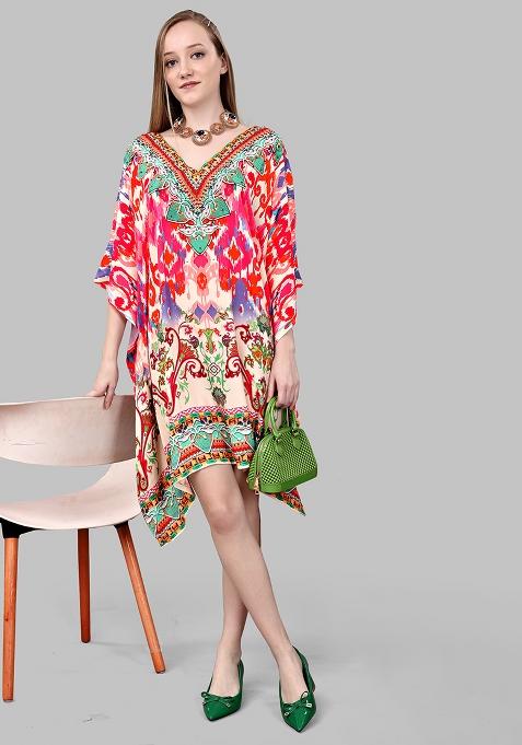 Multicolor Digital Printed Feather Silk Kaftan