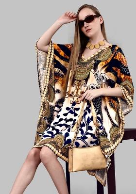 Multicolor Digital Printed Feather Silk Kaftan