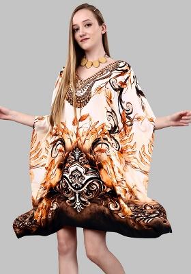 Multicolor Digital Printed Feather Silk Kaftan