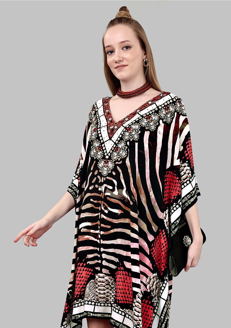 Multicolor Digital Printed Feather Silk Kaftan - Indya