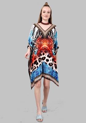 Multicolor Digital Printed Feather Silk Kaftan