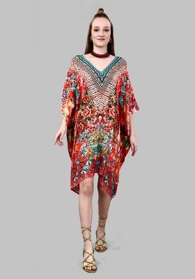 Multicolor Digital Printed Feather Silk Kaftan