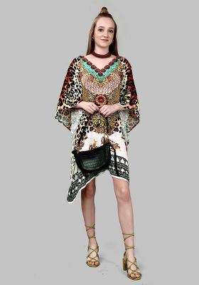 Multicolor Digital Printed Feather Silk Kaftan