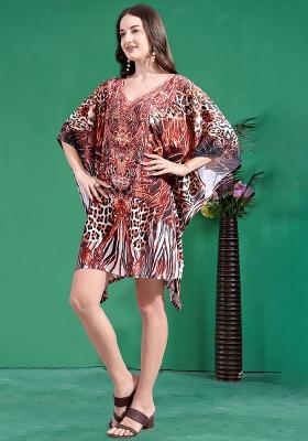 Multicolor Digital Printed Feather Silk Kaftan