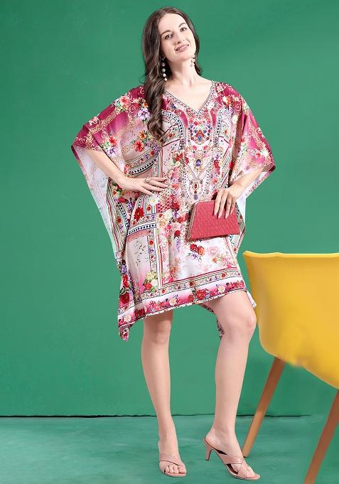 Multicolor Digital Printed Feather Silk Kaftan