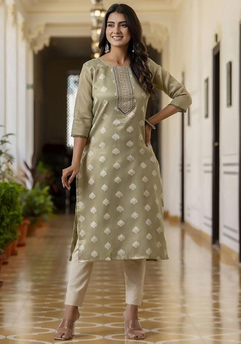 Pista Embroidery Silk Kurti