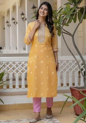 Yellow Embroidery Silk Kurti