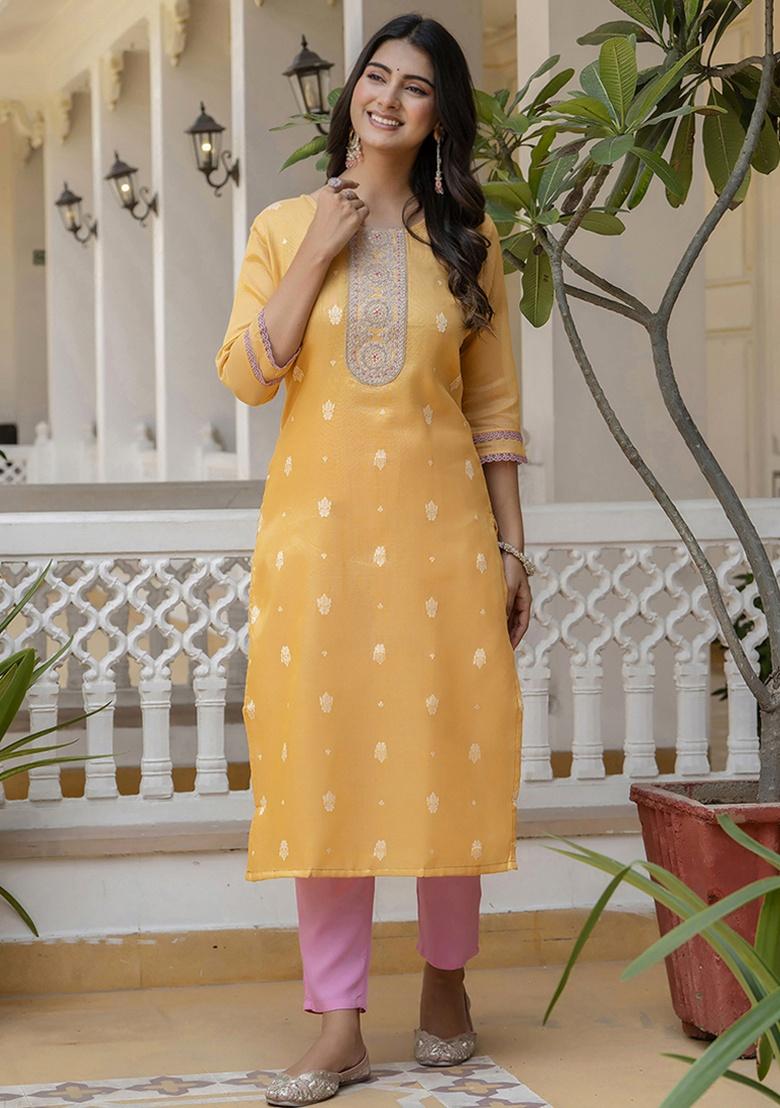 Yellow Embroidery Silk Kurti