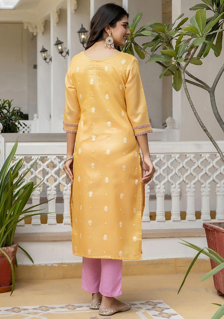 Yellow Embroidery Silk Kurti