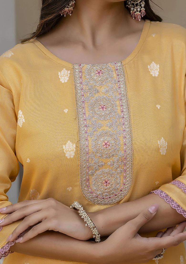 Yellow Embroidery Silk Kurti